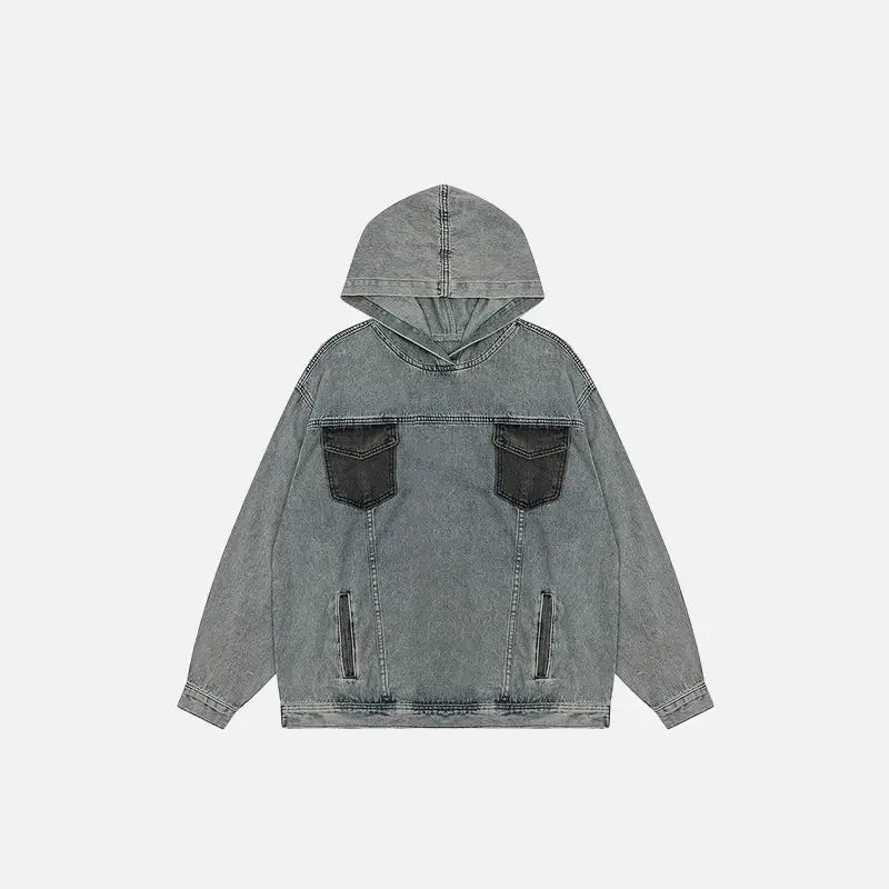 Y2K Denim Hoodie with Patch Pockets for Trendy Aesthetic Outfits