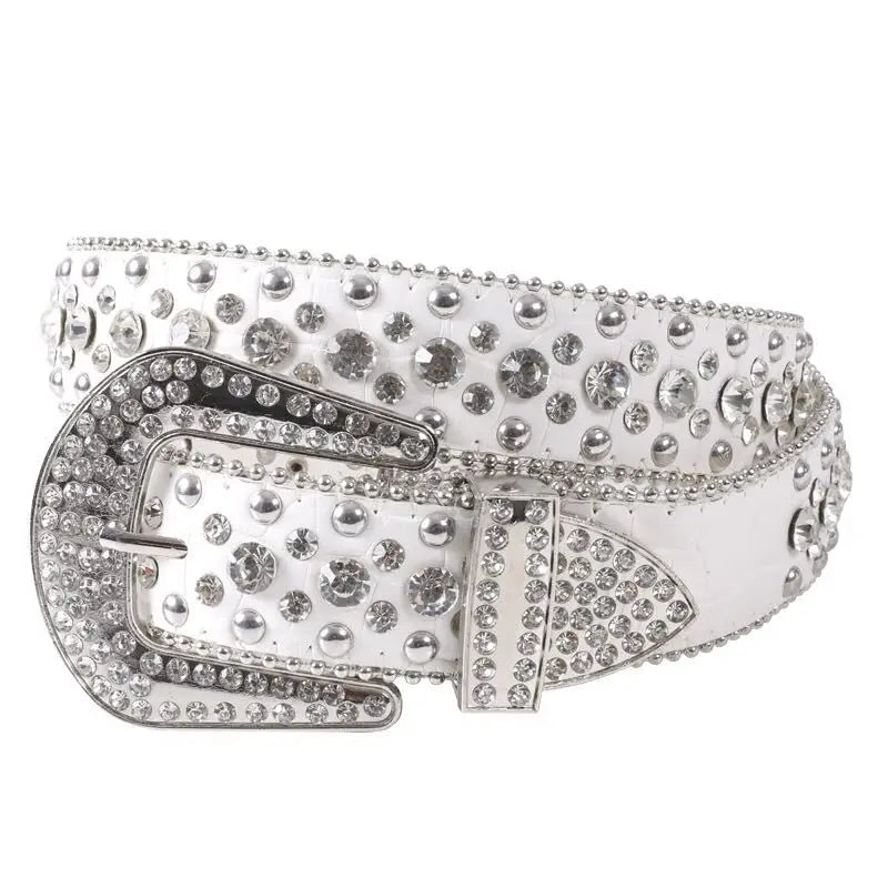 Y2K Diamond Designer White Belt with Rhinestones for Chic Aesthetic Outfits