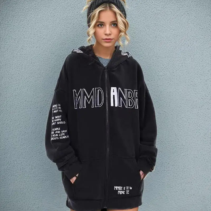 Y2K Embroidery Letter Print Zip-Up Hoodie for Trendy Coquette and Grunge Aesthetic Styles