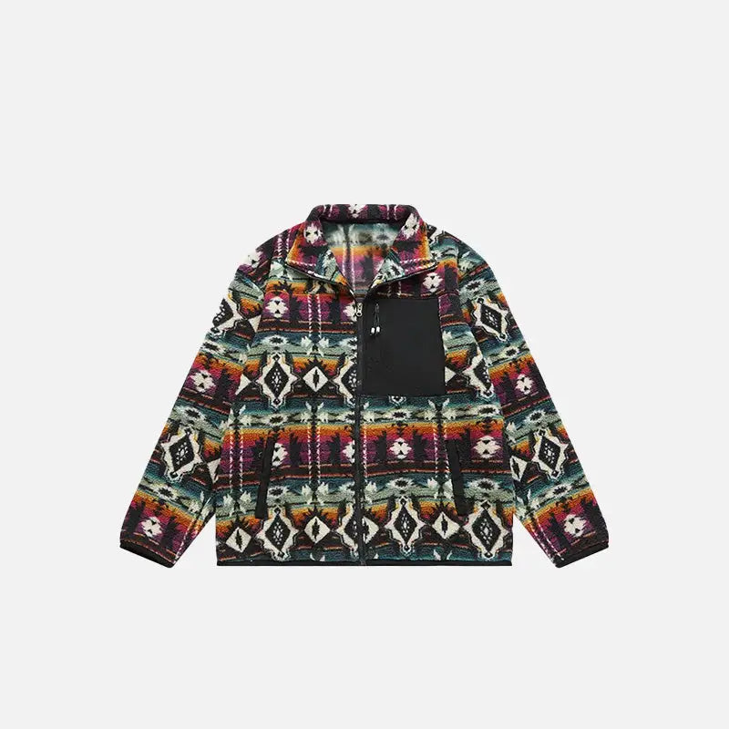 Y2K Ethnic Print Sherpa Jacket for Cozy Aesthetic Vibes and Vintage Style