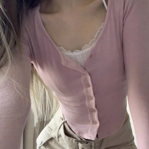 Y2K Fashion Button Up Long Sleeve Crop Top - Cute Aesthetic Top for Trendy Outfits