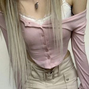 Y2K Fashion Button Up Long Sleeve Crop Top - Cute Aesthetic Top for Trendy Outfits