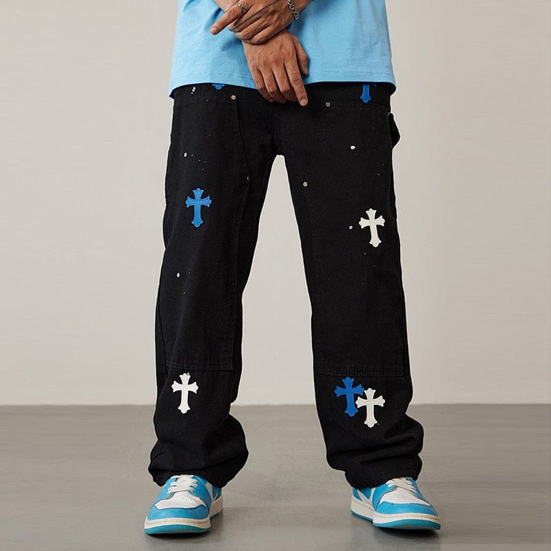 Y2K Fashion Men's Cross Jeans - Trendy Grunge Style for a Retro Aesthetic Look