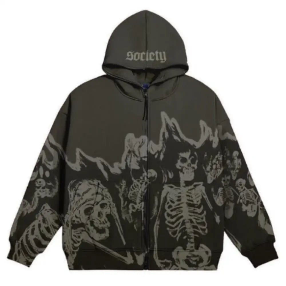 Y2K Fashion Zip-Up Hoodie with Fiery Skeleton Design - Trendy Grunge Aesthetic