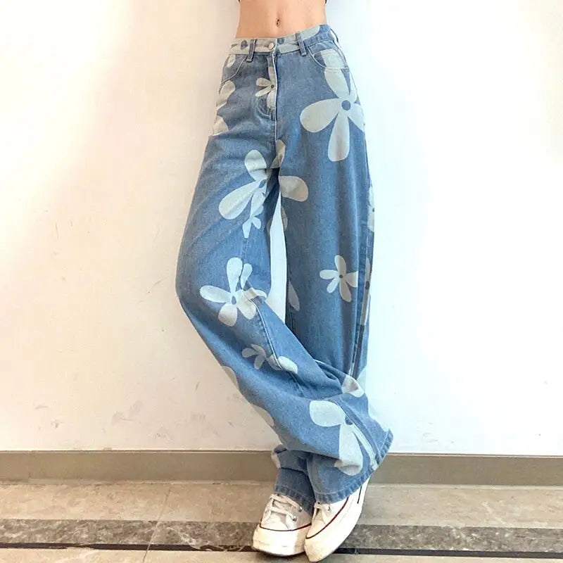 Y2K Floral Print Jeans for a Unique Streetwear Look in Trendy Aesthetic Fashion