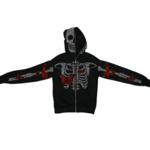 Y2K Full Zip Skeleton Hoodie - Grunge Aesthetic Comfy Layer for Edgy Outfits