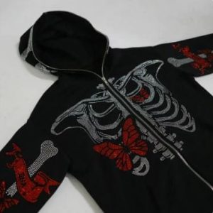 Y2K Full Zip Skeleton Hoodie - Grunge Aesthetic Comfy Layer for Edgy Outfits