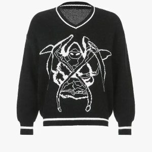 Y2K Grunge Aesthetic Knitted Sweater - Cozy Gothic Style for Trendy Outfits