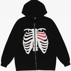 Y2K Grunge Black Skeleton Hoodie - Cute Oversized Aesthetic Sweatshirt for Edgy Style