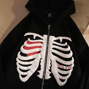 Y2K Grunge Black Skeleton Hoodie - Cute Oversized Aesthetic Sweatshirt for Edgy Style