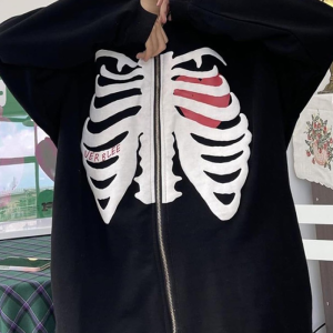 Y2K Grunge Black Skeleton Hoodie - Cute Oversized Aesthetic Sweatshirt for Edgy Style