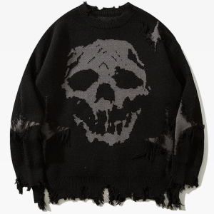 Y2K Grunge Black Skull Sweater - Edgy Aesthetic Top for Alternative Fashion Lovers