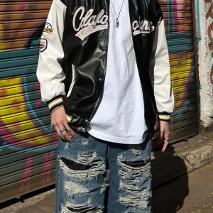 Y2K Grunge Leather Varsity Jacket for Trendy Aesthetic Outfits and Retro Style