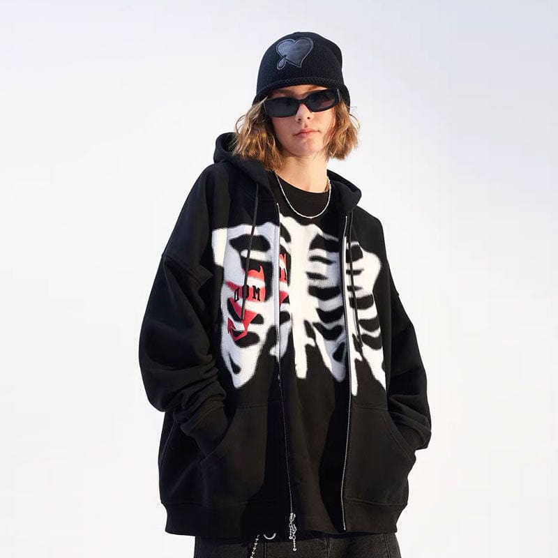 Y2K Grunge Skeleton Zipped Hoodie - Vintage Aesthetic Layering Essential for Trendy Looks