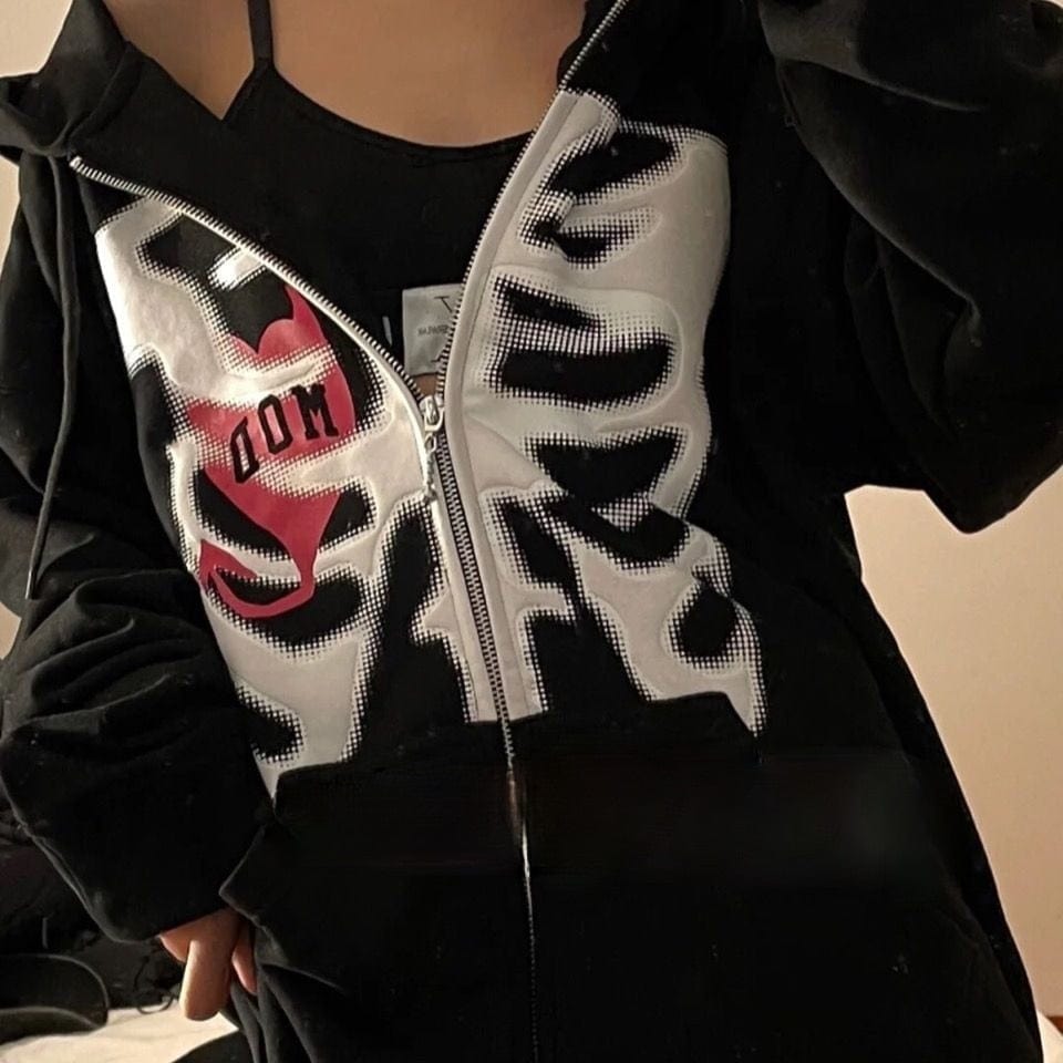 Y2K Grunge Skeleton Zipped Hoodie - Vintage Aesthetic Layering Essential for Trendy Looks