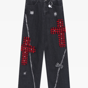 Y2K Grunge Style Jeans with Crosses - Edgy Aesthetic Denim for Unique Outfits