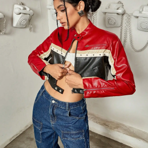 Y2K Grunge Style Red and Black Cropped Jacket for Aesthetic Outfits