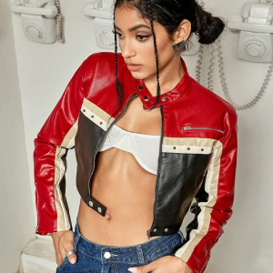 Y2K Grunge Style Red and Black Cropped Jacket for Aesthetic Outfits