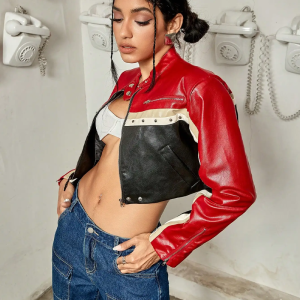 Y2K Grunge Style Red and Black Cropped Jacket for Aesthetic Outfits