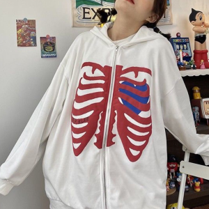 Y2K Grunge Style White Skeleton Hoodie - Comfy Aesthetic Top for Edgy Outfits