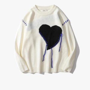 Y2K Heart Knit Sweater: Cozy Vintage-Inspired Knitwear for Y2K Aesthetic Lovers