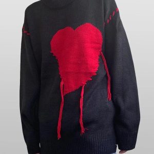 Y2K Heart Knit Sweater: Cozy Vintage-Inspired Knitwear for Y2K Aesthetic Lovers