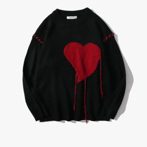 Y2K Heart Knit Sweater: Cozy Vintage-Inspired Knitwear for Y2K Aesthetic Lovers