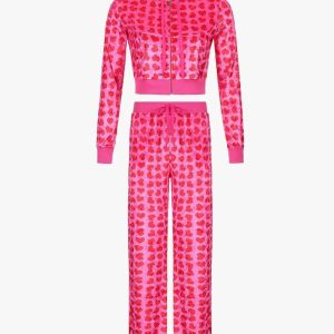 Y2K Heart Print Velvet Tracksuit - Cozy Aesthetic Outfit for Trendy Looks