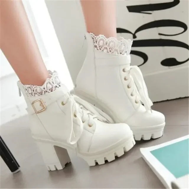 Y2K Lace Up Heeled Boots for Grunge Aesthetic and Coquette Style Outfits