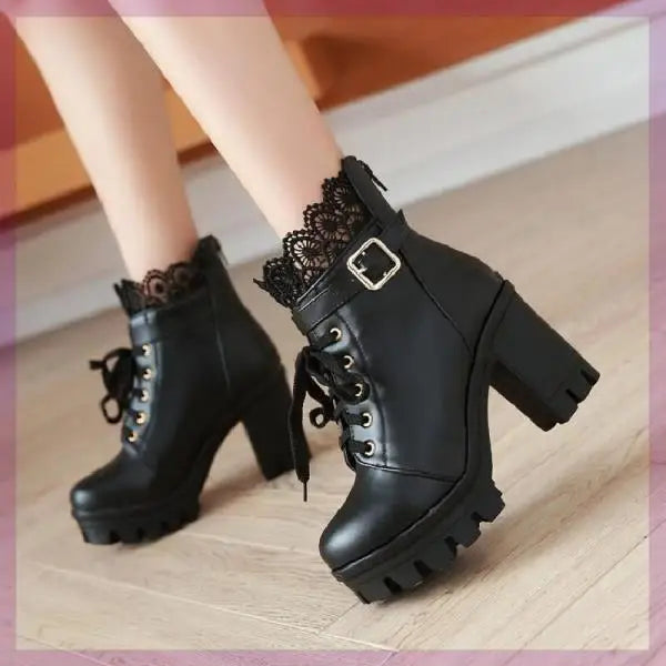 Y2K Lace Up Heeled Boots for Grunge Aesthetic and Coquette Style Outfits