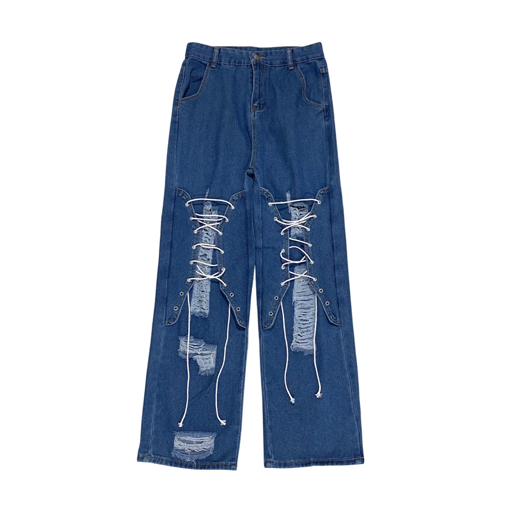 Y2K Lace Up Jeans: Trendy Grunge Style with a Touch of Coquette Aesthetic