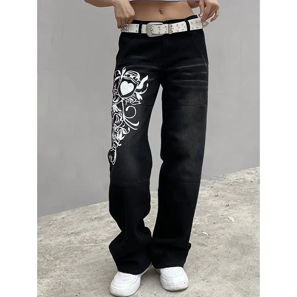 Y2K Low-Rise Heart Print Jeans for Trendy Coquette and Grunge Aesthetic Outfits