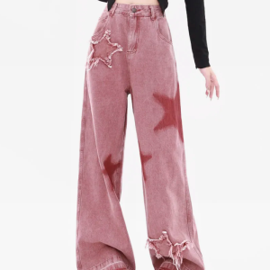 Y2K Pink Star Jeans - Trendy Grunge Style with a Cute Aesthetic Twist