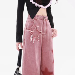 Y2K Pink Star Jeans - Trendy Grunge Style with a Cute Aesthetic Twist