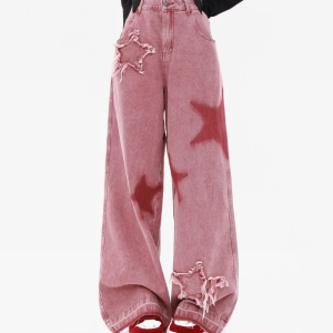 Y2K Pink Star Jeans - Trendy Grunge Style with a Cute Aesthetic Twist