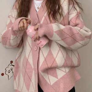 Y2K Plaid Cardigan Sweater - Vintage Aesthetic Layering Piece for Cozy Outfits