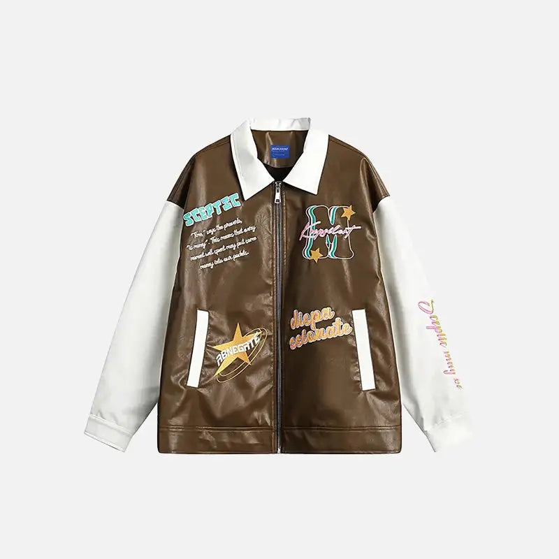 Y2K PU Leather Motorcycle Varsity Jacket - Edgy Grunge Aesthetic Outerwear for Trendsetters