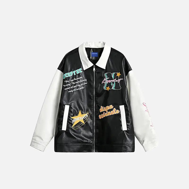 Y2K PU Leather Motorcycle Varsity Jacket - Edgy Grunge Aesthetic Outerwear for Trendsetters