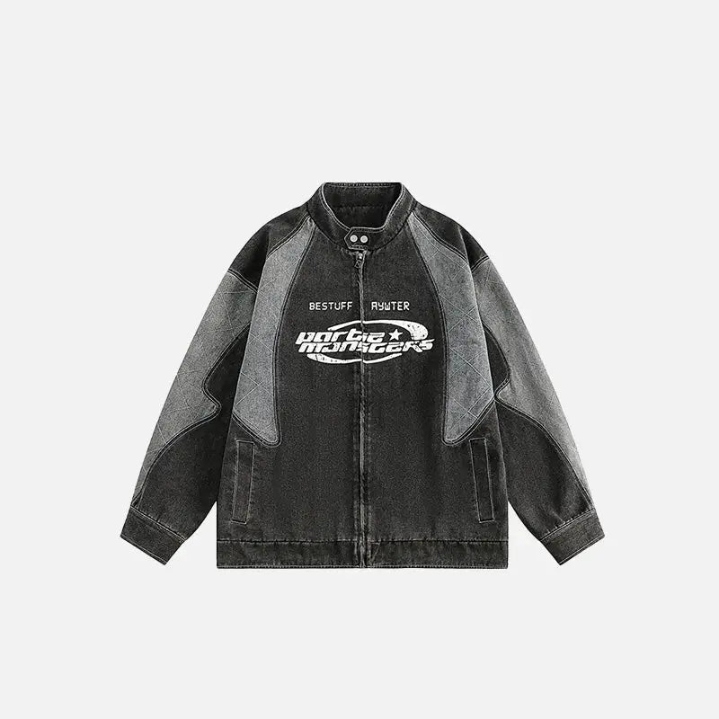 Y2K Racing Motorcycle Denim Jacket - Vintage Grunge Style for Aesthetic Outfits