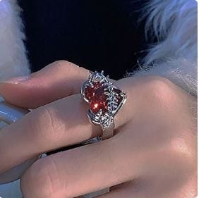 Y2K Red Crystal Heart Ring - Cute Coquette Aesthetic Jewelry for Trendy Outfits