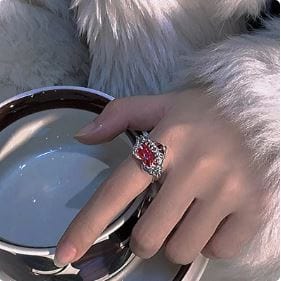 Y2K Red Crystal Heart Ring - Cute Coquette Aesthetic Jewelry for Trendy Outfits