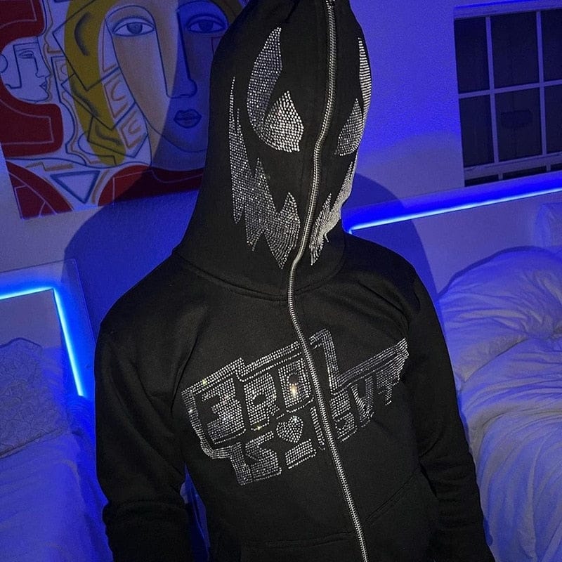 Y2K Rhinestone Hooded Sweatshirt: Sparkly Comfy Hoodie for Coquette and Grunge Aesthetics