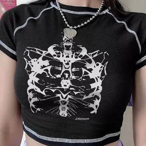 Y2K Skeleton Crop Top - Edgy Grunge Aesthetic Tee for Trendy Outfits