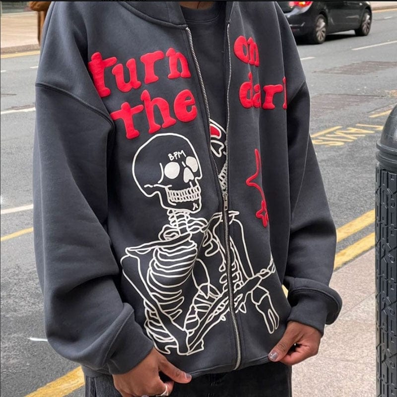 Y2K Skeleton Full Zip Hoodie - Trendy Grunge Aesthetic Layering Essential