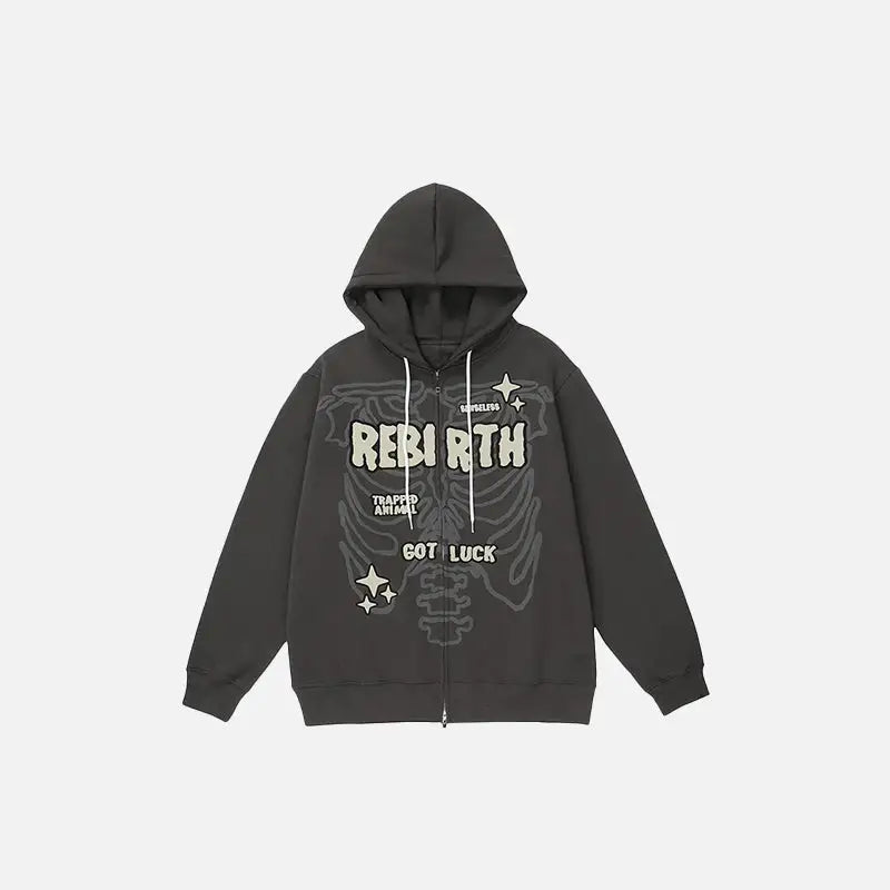 Y2K Skeleton Zip-Up Hoodie: Embrace Grunge Aesthetic with a Touch of Coquette Style