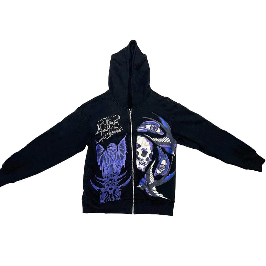 Y2K Skull Rhinestone Hoodie - Edgy Grunge Aesthetic Top for Trendy Outfits