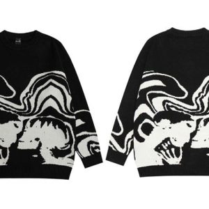 Y2K Skull Sweater: Edgy Grunge Aesthetic Top for Trendy Outfits and Cozy Vibes