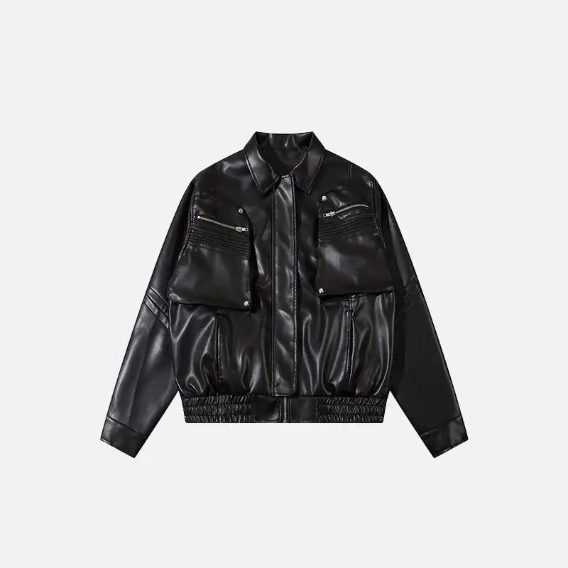 Y2K Solid Color Leather Jacket with Pockets for Trendy Aesthetic Outfits