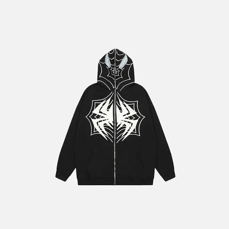 Y2K Spider Embroidery Zip-Up Hoodie for Grunge Aesthetic and Coquette Style