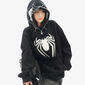 Y2K Spider Hoodie: Embrace Grunge Aesthetic with a Cozy, Cute Top for Y2K Fashion Lovers